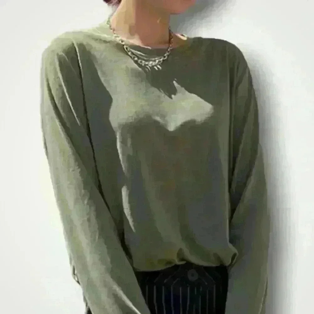Solid Relaxed Round Neck Long Sleeve Tee - Picture 12 of 13